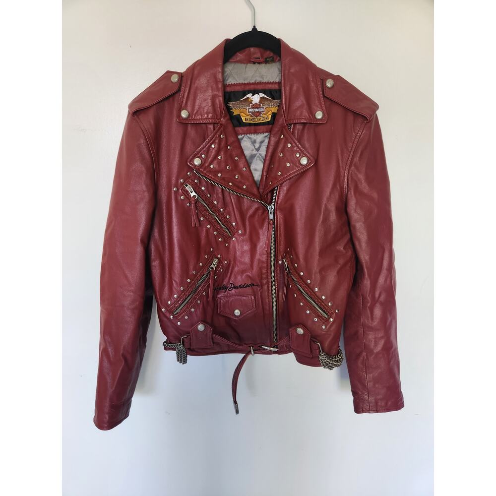 Harley Davidson Women's Red Leather Biker Jacket Size Small Studded Zippers